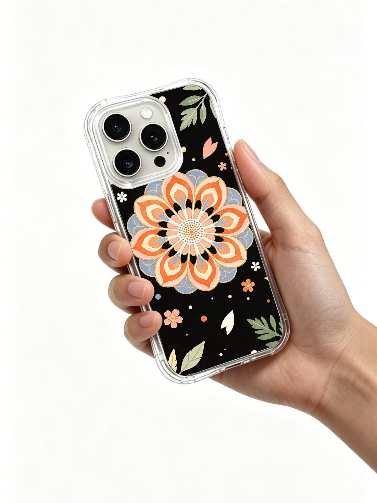Coral Flower Archive iPhone 15 Pro case in hand