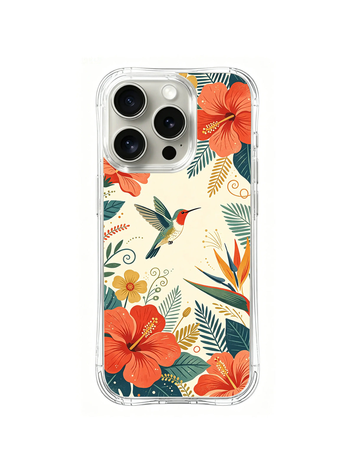 Coral Hibiscus Hummingbird: A hummingbird hovers among large coral flowers and fine tropical leaves.