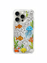 Coral, jellyfish and tropical fish cluster artwork on an iPhone 15 Pro case