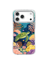 Green sea turtle swimming through a colorful coral garden on an iPhone case