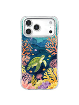 Butterflyfish and turtle moving through teal currents on an iPhone case