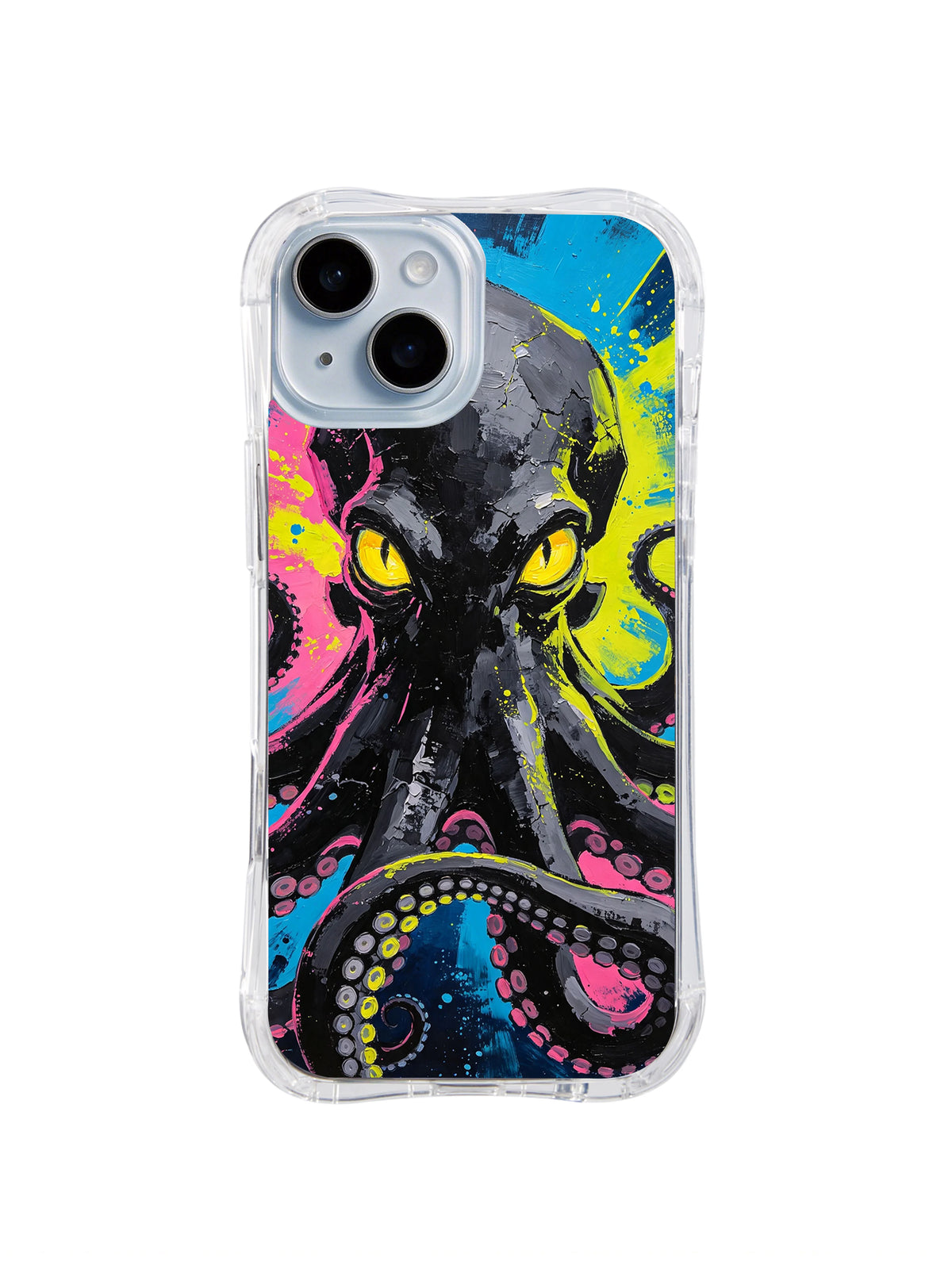 Colorful octopus art case shown on iPhone 15 Plus