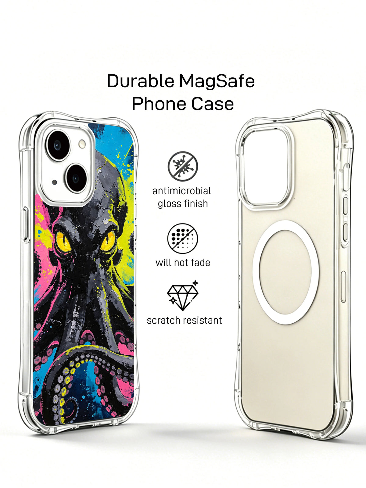 Front and clear back views of the octopus iPhone 15 Plus case