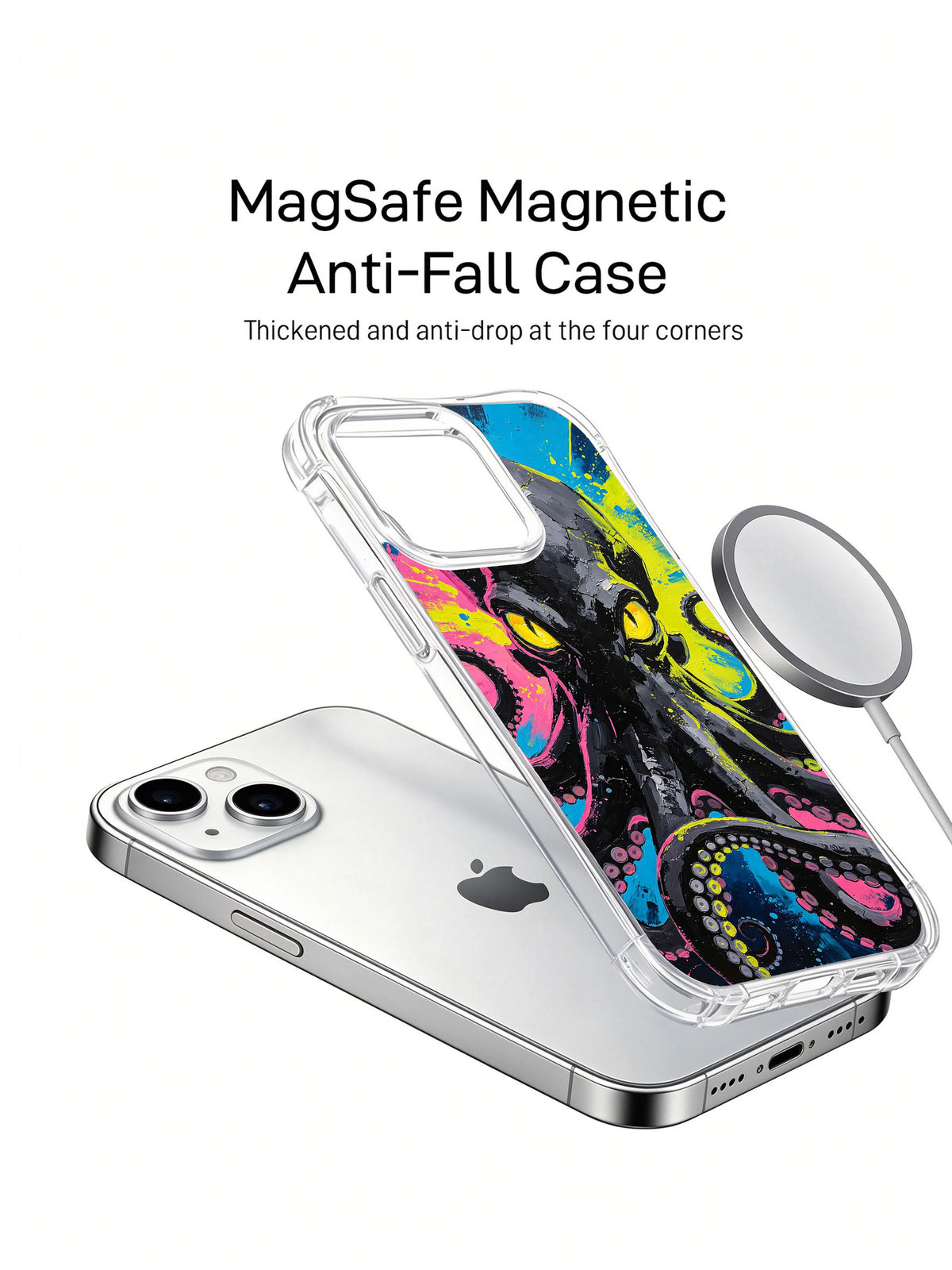 Angled view of neon octopus artwork on phone case