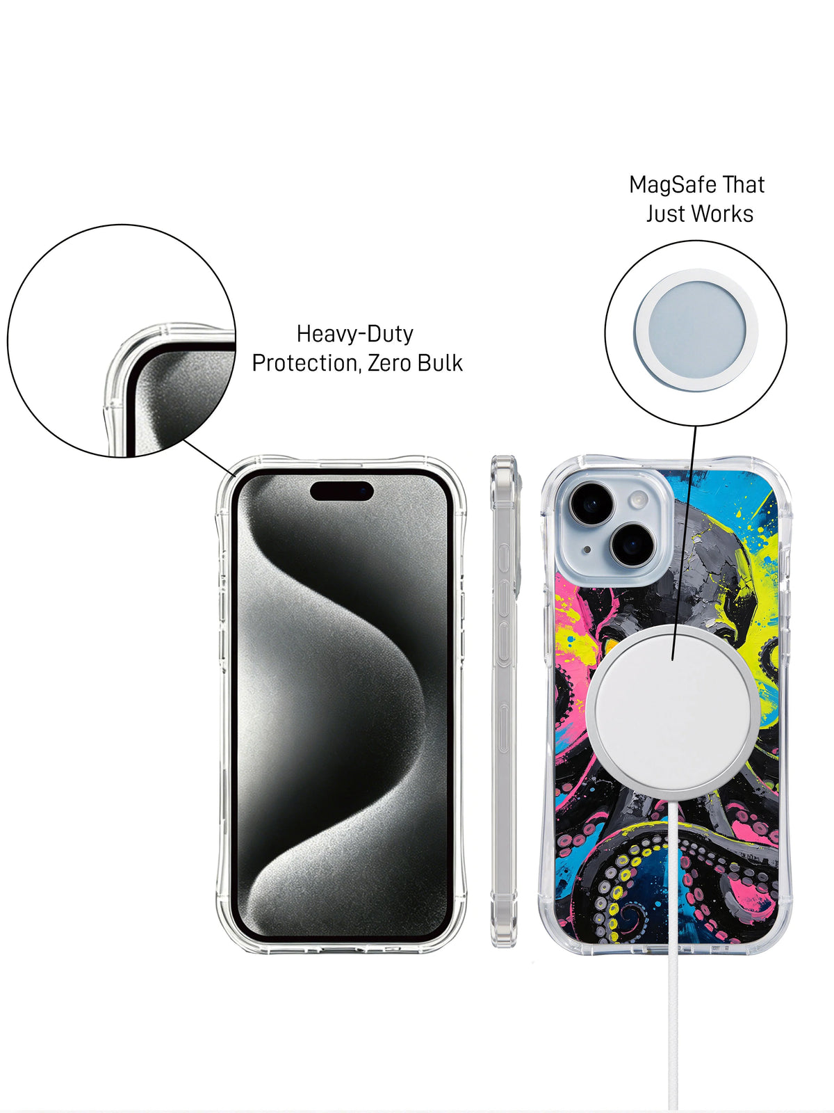 Rear view of colorful octopus iPhone 15 Plus case with charging accessory