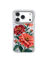 Asymmetric Garden pattern with cropped coral zinnias and deep teal stems arranged on a transparent iPhone 17 Pro case