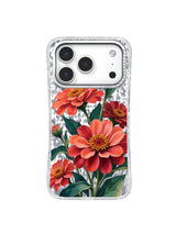 Coral Bloom pattern with coral and blush zinnias, wine-red flower accents, and deep teal leaves on an iPhone 17 Pro case