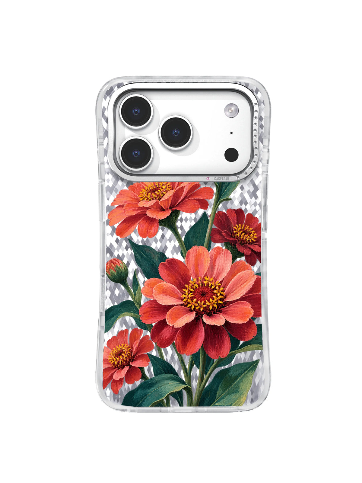 Coral Bloom pattern with coral and blush zinnias, wine-red flower accents, and deep teal leaves on an iPhone 17 Pro case