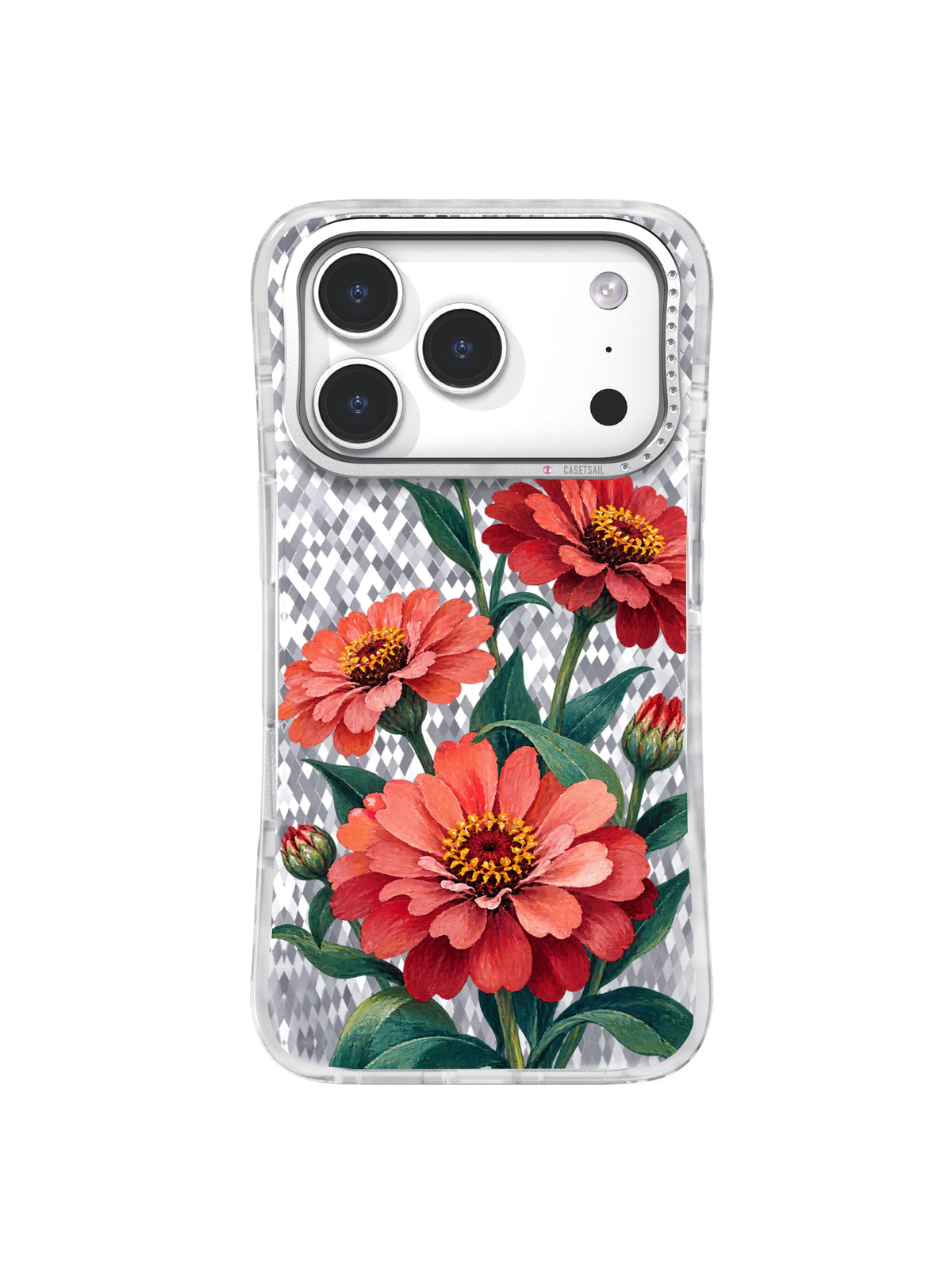 Open Petal Path pattern with coral and wine-red zinnias separated by transparent breathing space on an iPhone 17 Pro case
