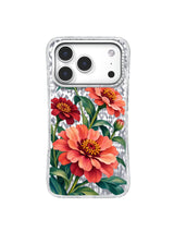 Orbit Center pattern with a large coral zinnia surrounded by wine-red blooms and teal foliage on an iPhone 17 Pro case