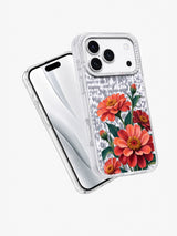 Angled view of the transparent Coral Orbit iPhone 17 Pro case showing the floral artwork and clear edges