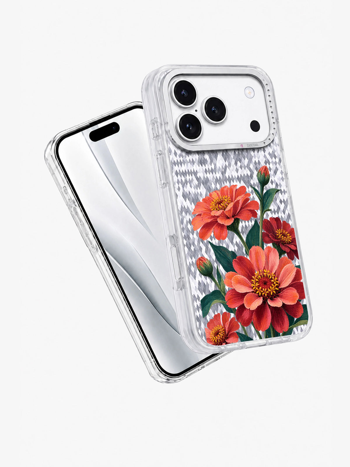 Angled view of the transparent Coral Orbit iPhone 17 Pro case showing the floral artwork and clear edges