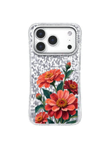 Front view of the transparent Coral Orbit iPhone 17 Pro case with coral zinnia artwork