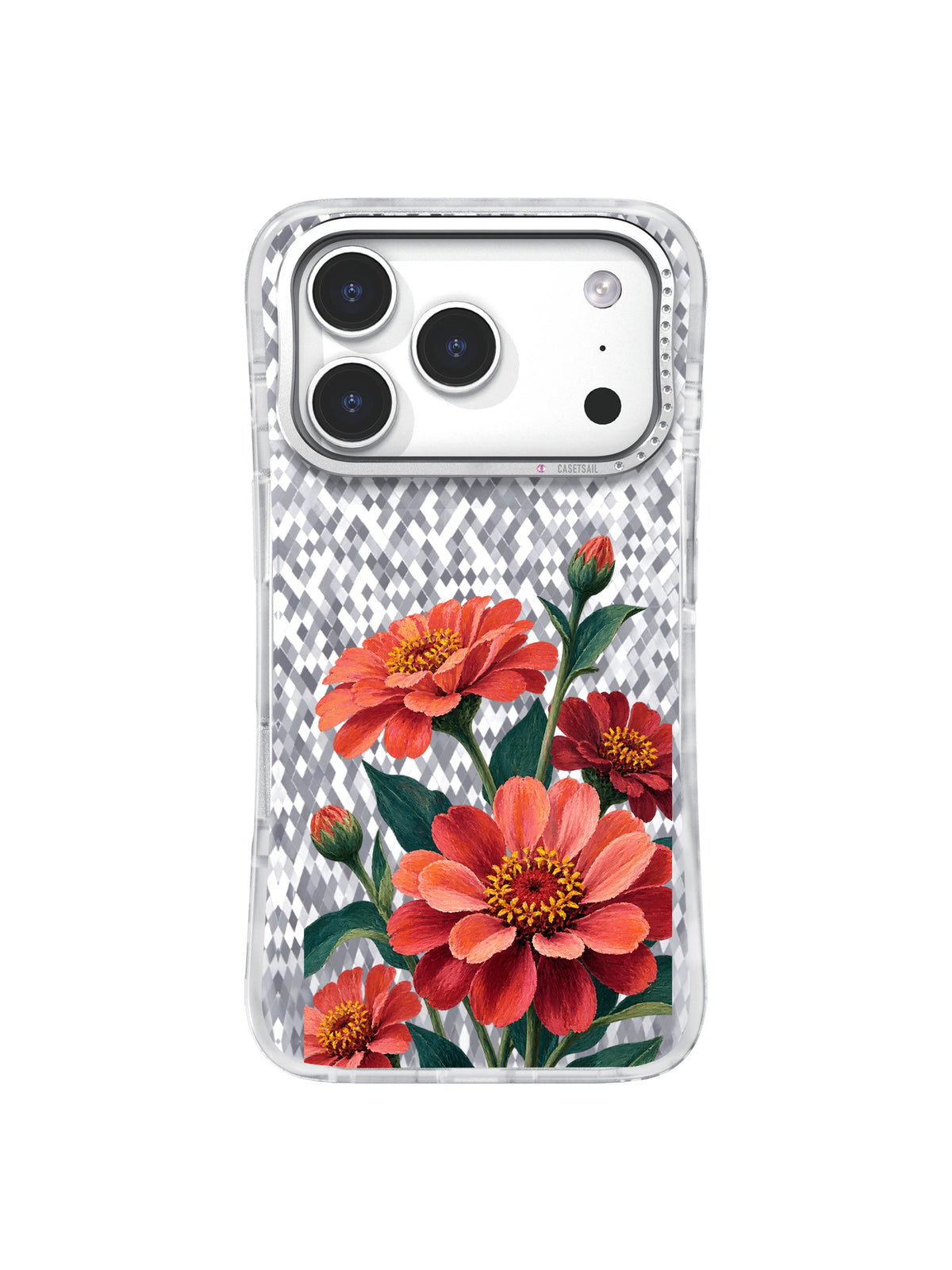 Front view of the transparent Coral Orbit iPhone 17 Pro case with coral zinnia artwork