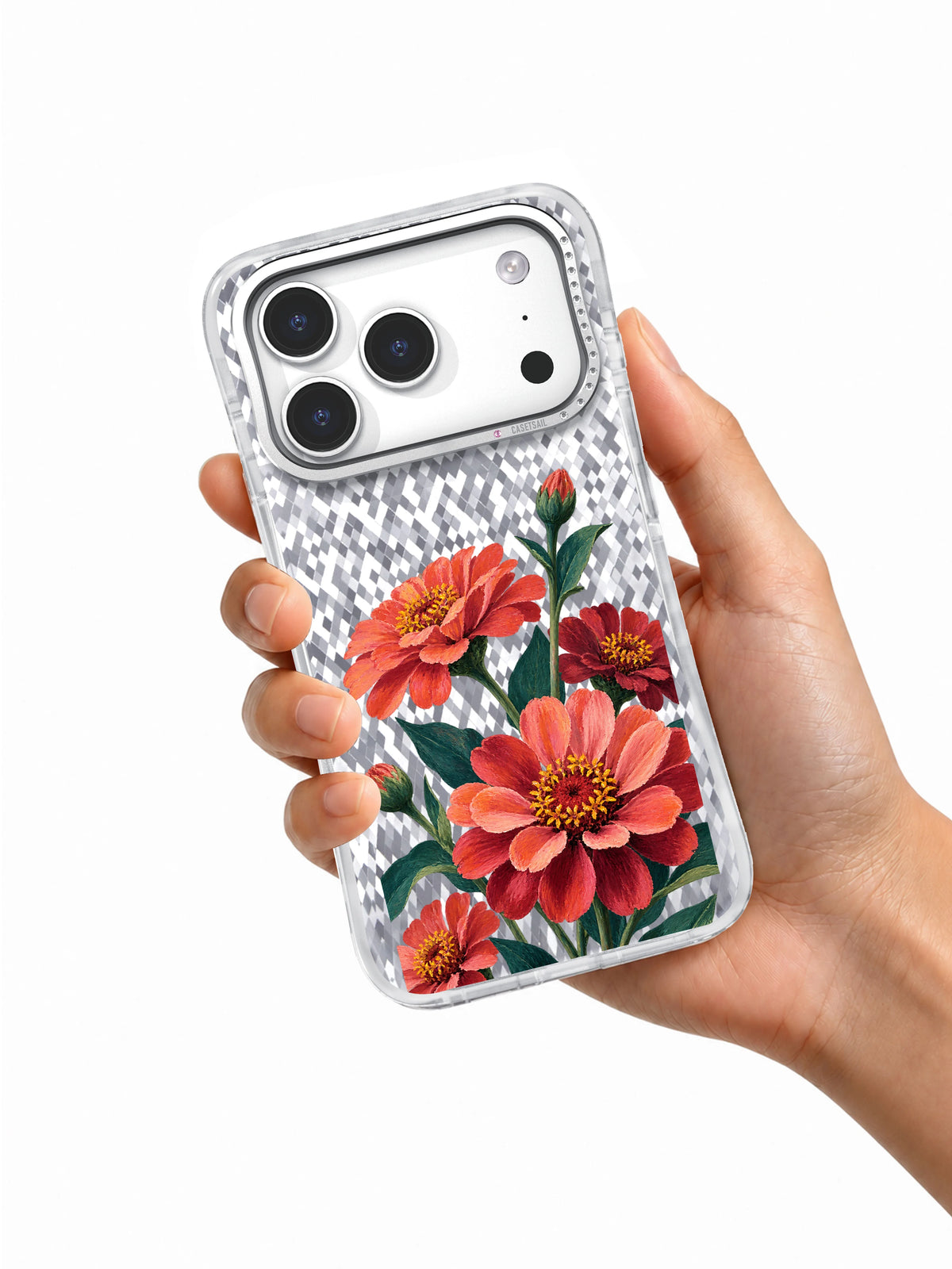 Hand holding the transparent Coral Orbit iPhone 17 Pro case with coral and teal floral artwork