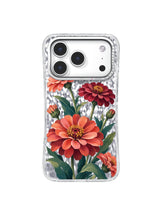 Wine Red Pair pattern with a central coral zinnia, two deep wine-red flowers, and layered teal leaves on an iPhone 17 Pro case