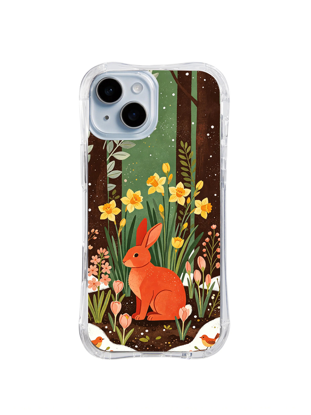 Transparent iPhone 13 case with coral rabbit, butter-yellow flowers and tall dark trunks folk art pattern 1