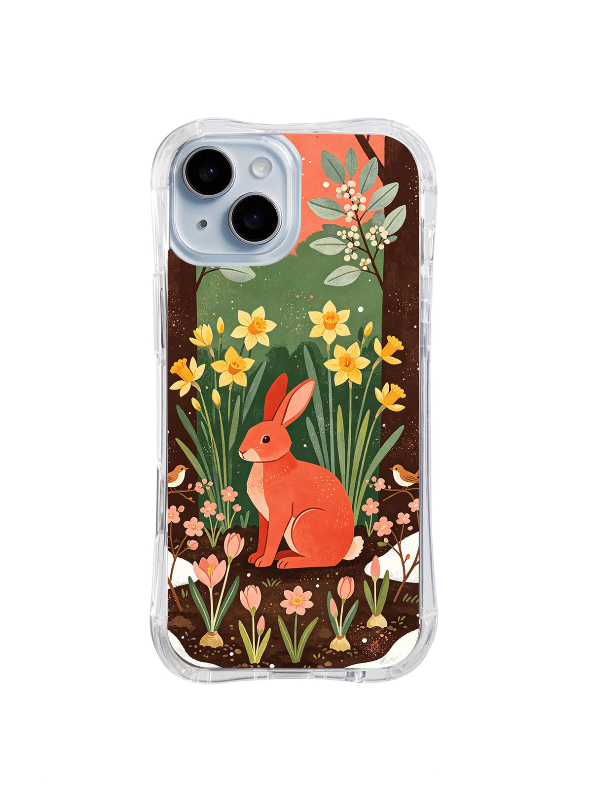 Transparent iPhone 13 case with coral rabbit, sage leaves and early spring blossoms folk art pattern 2
