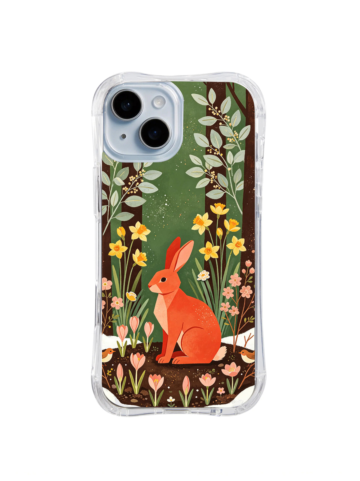 Transparent iPhone 13 case with seated coral rabbit, low branches and spring garden folk art pattern 5