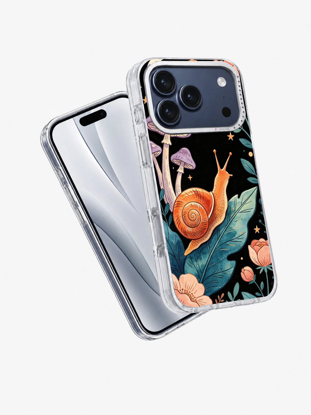 Angled view of Coral Snail Moon Garden iPhone case with teal leaf artwork