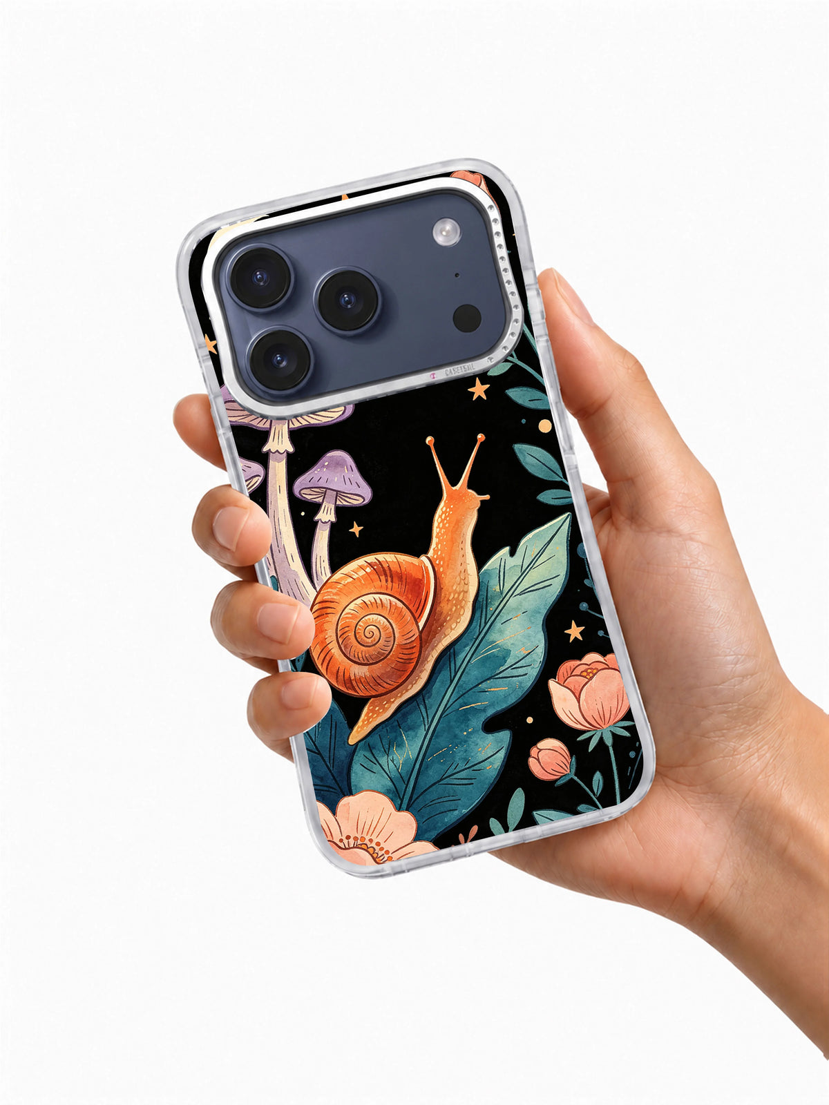 Coral Snail Moon Garden iPhone case held in hand showing orange snail art