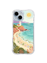 Shell Garden Lighthouse: A white lighthouse overlooks turquoise water beside shells and coral plants.