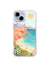 Sunlit Coral Headland: A red-and-white lighthouse rises above a bright coast and flower meadow.