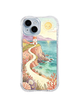 Cliffside Lighthouse Path: A pale path climbs a coral cliff toward a lighthouse above blue water.