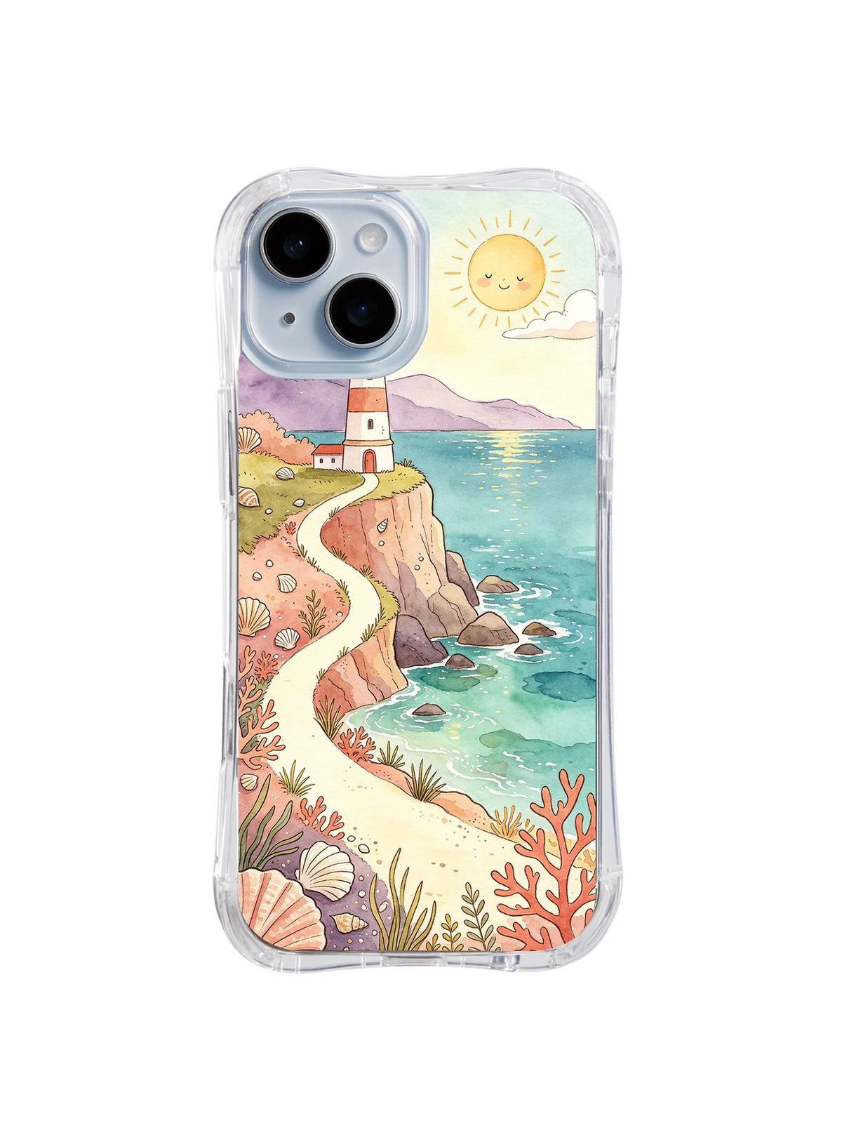 Cliffside Lighthouse Path: A pale path climbs a coral cliff toward a lighthouse above blue water.
