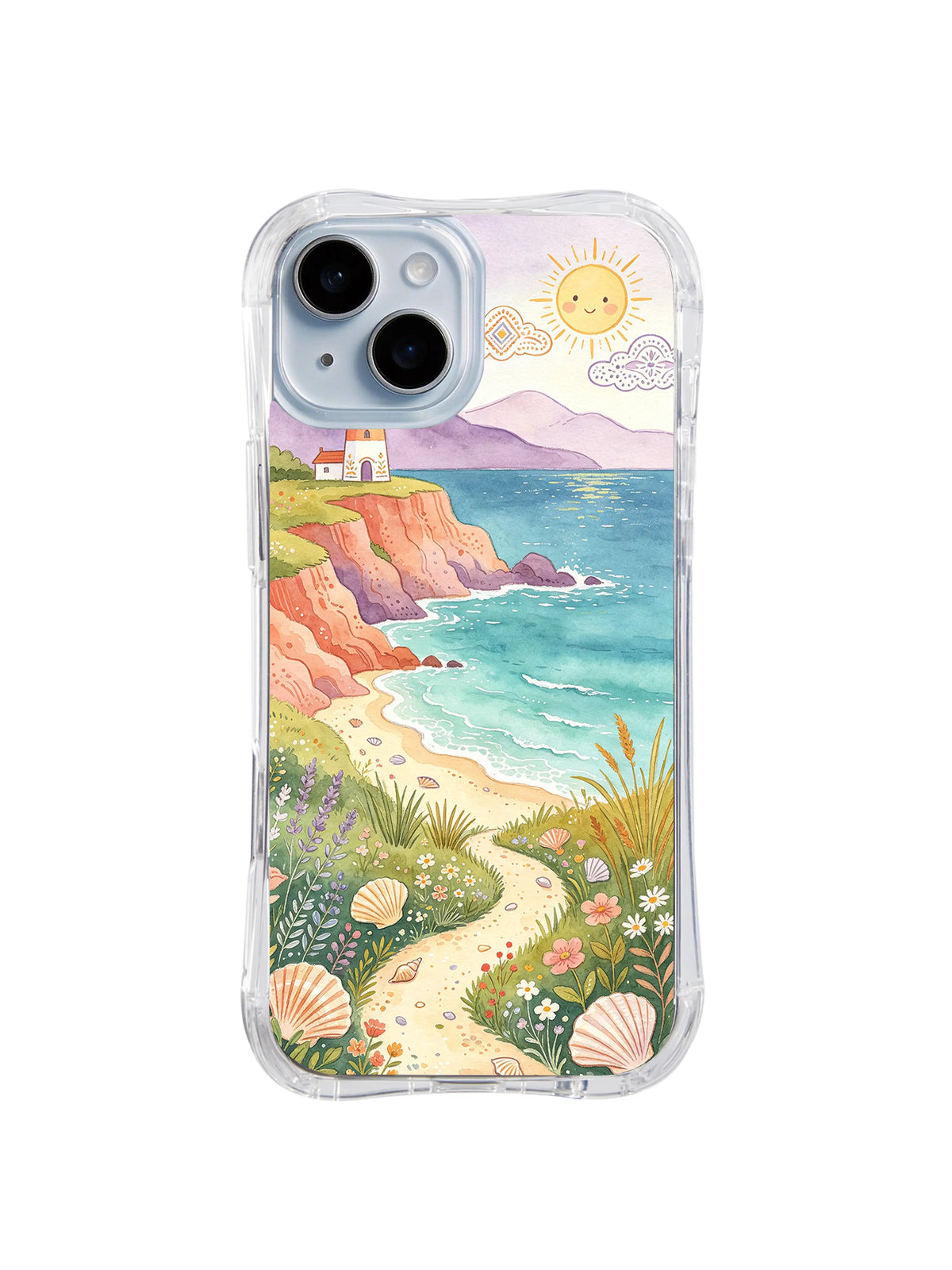 Seashell Meadow Coast: Shells and flowers fill a coastal meadow below a lighthouse and smiling sun.