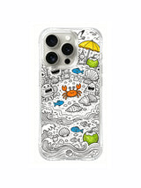 Close-up core beach party cartoon doodle iPhone 15 pro Case, stain-resistant phone casing, daily lifestyle phone cover produced at PhoneCasing California facility.