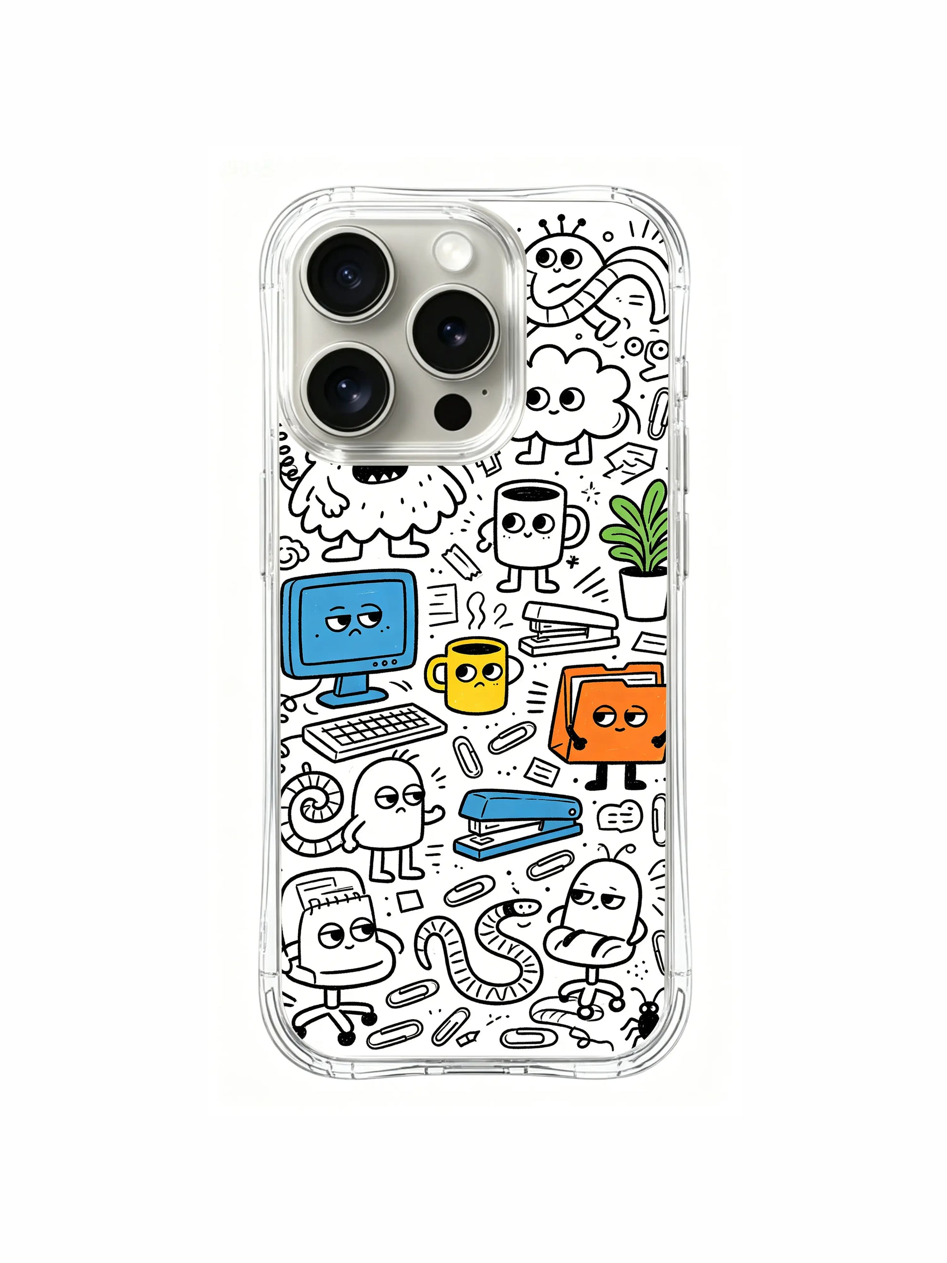 Close-up core office goods cartoon doodle iPhone 15 pro Case, stain-resistant phone casing, daily lifestyle phone cover produced at PhoneCasing California facility.