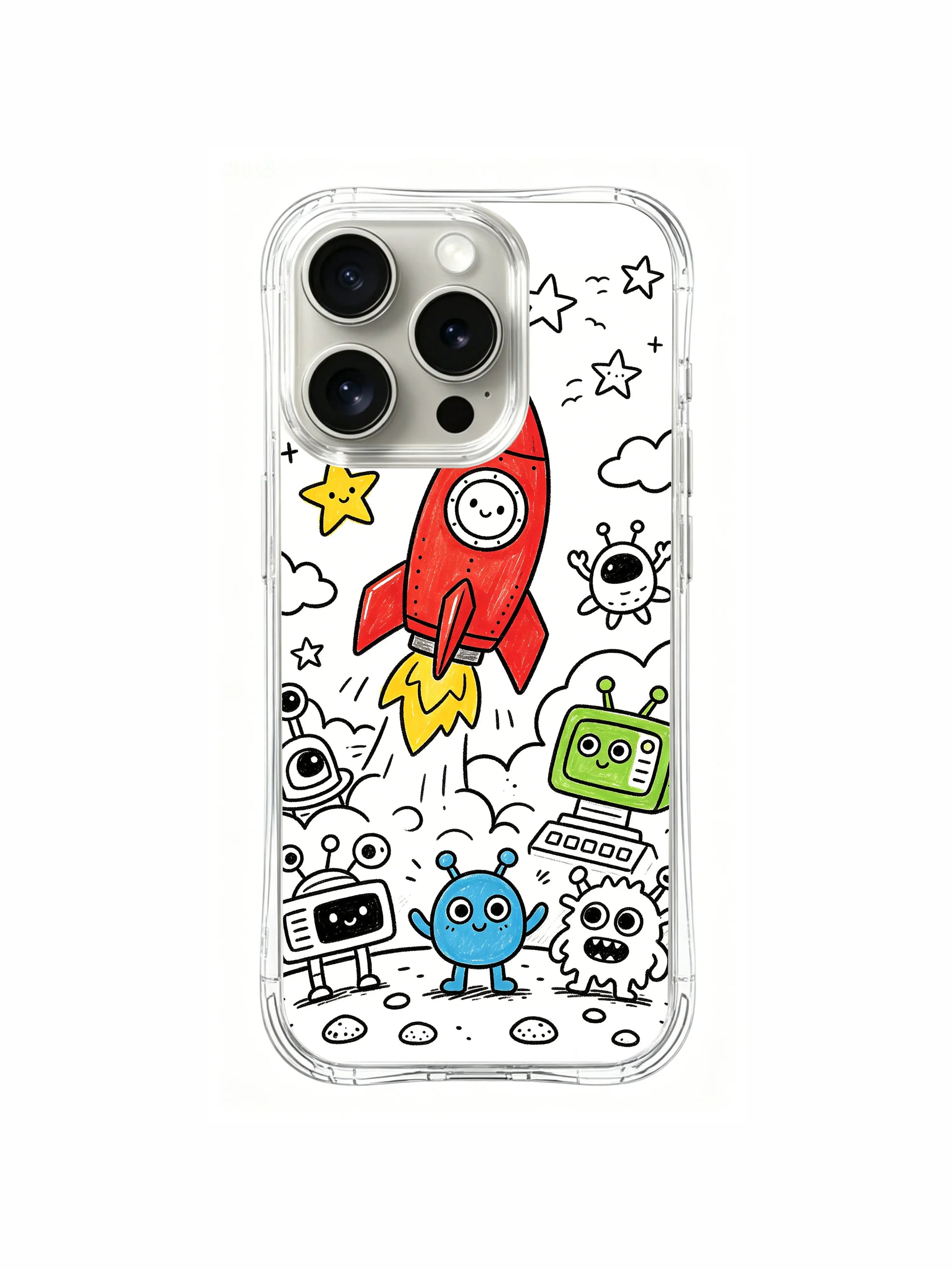 Close-up core rocket launch cartoon doodle iPhone 15 pro Case, stain-resistant phone casing, daily lifestyle phone cover produced at PhoneCasing California facility.