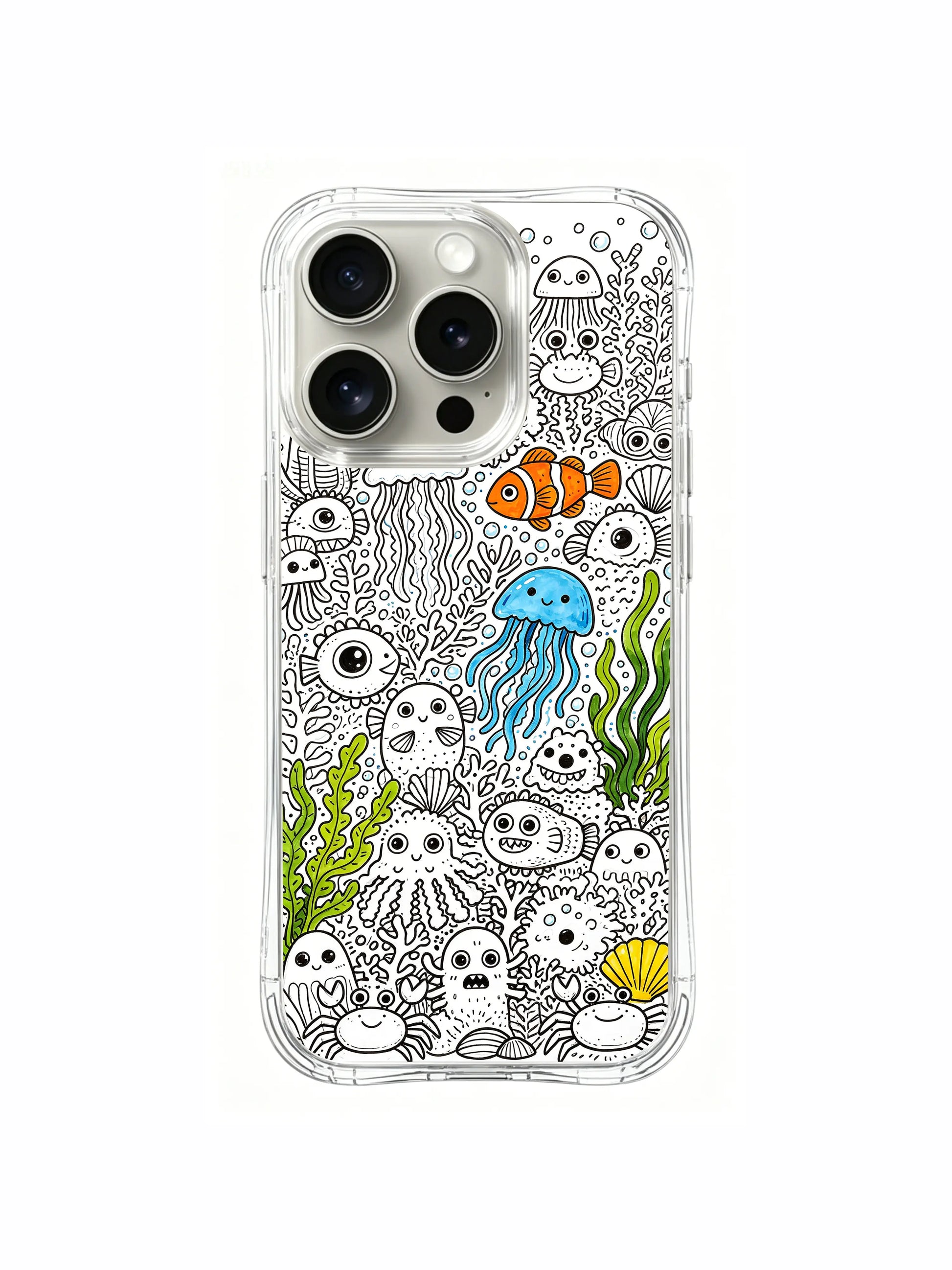 Close-up core ocean element cartoon doodle iPhone 15 pro Case, stain-resistant phone casing, daily lifestyle phone cover produced at PhoneCasing California facility.
