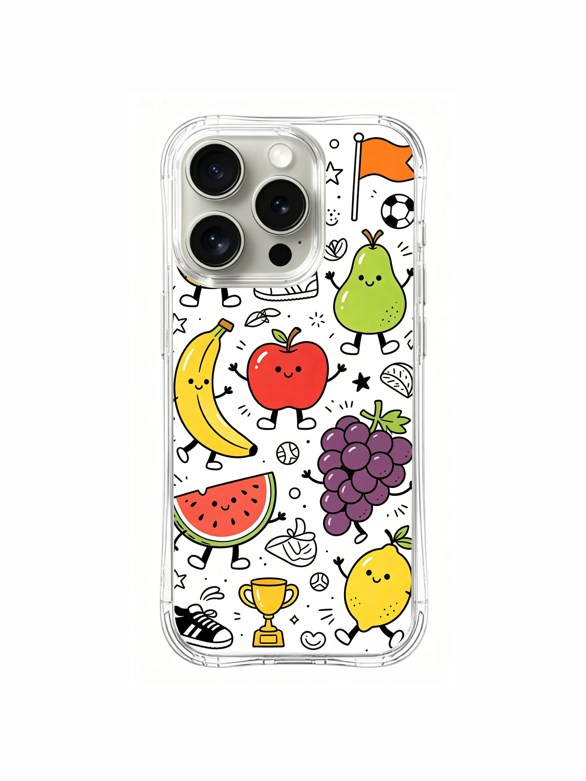 Close-up core trophy and fruit character cartoon doodle iPhone 16 pro Case, stain-resistant phone casing, daily lifestyle phone cover produced at PhoneCasing California facility.