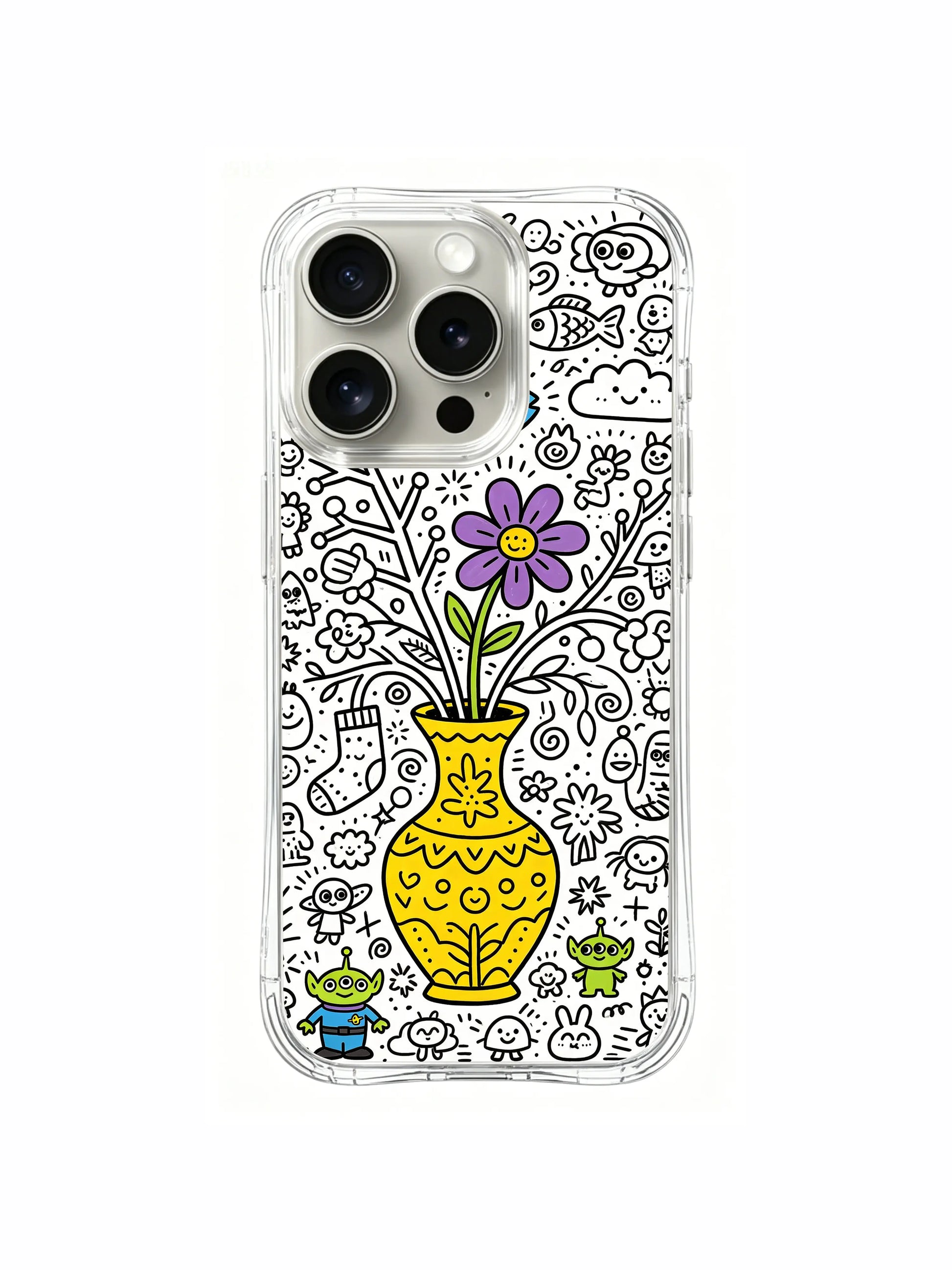 Close-up core vase surprise cartoon doodle iPhone 15 pro Case, stain-resistant phone casing, daily lifestyle phone cover produced at PhoneCasing California facility.
