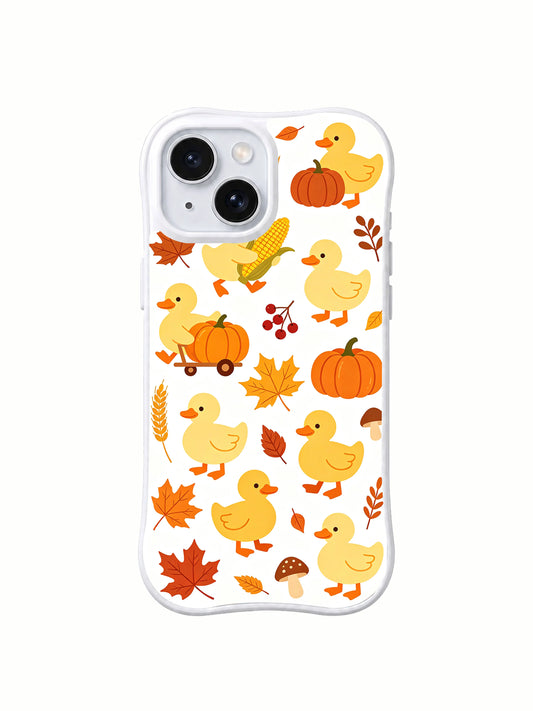 Cornfield Ducklings: Repeated walking yellow ducklings with a tiny pumpkin cart, loose pumpkins, corn, red berries and autumn leaves.