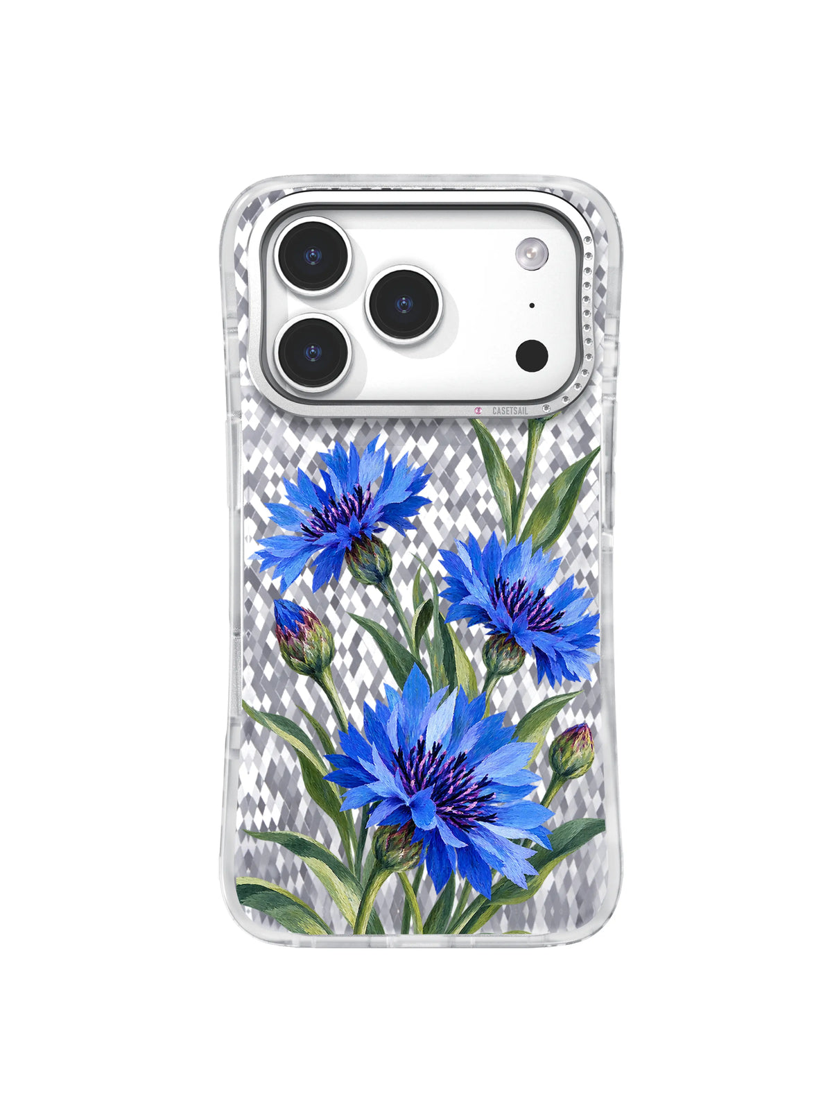 Blue cornflowers turn through open transparent space on an iPhone 17 Pro case