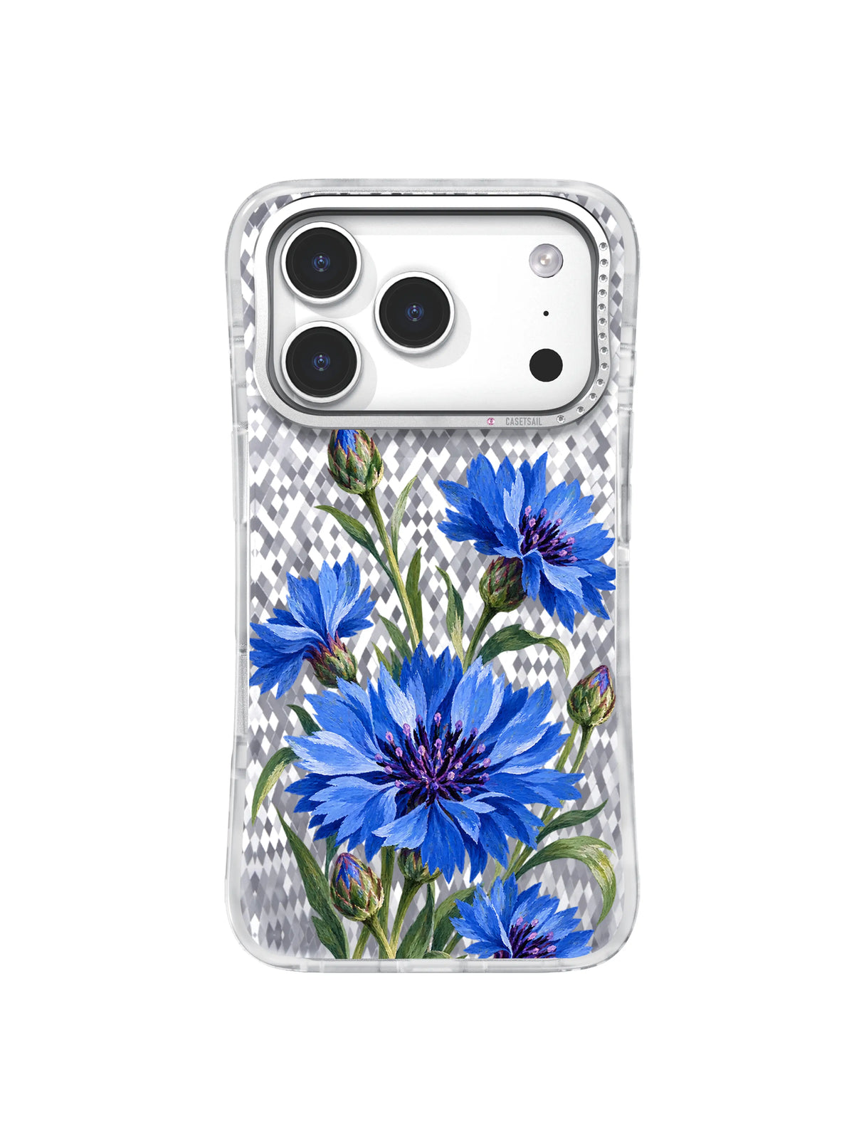 Blue cornflowers and sage leaves form an angled path on a transparent iPhone 17 Pro case