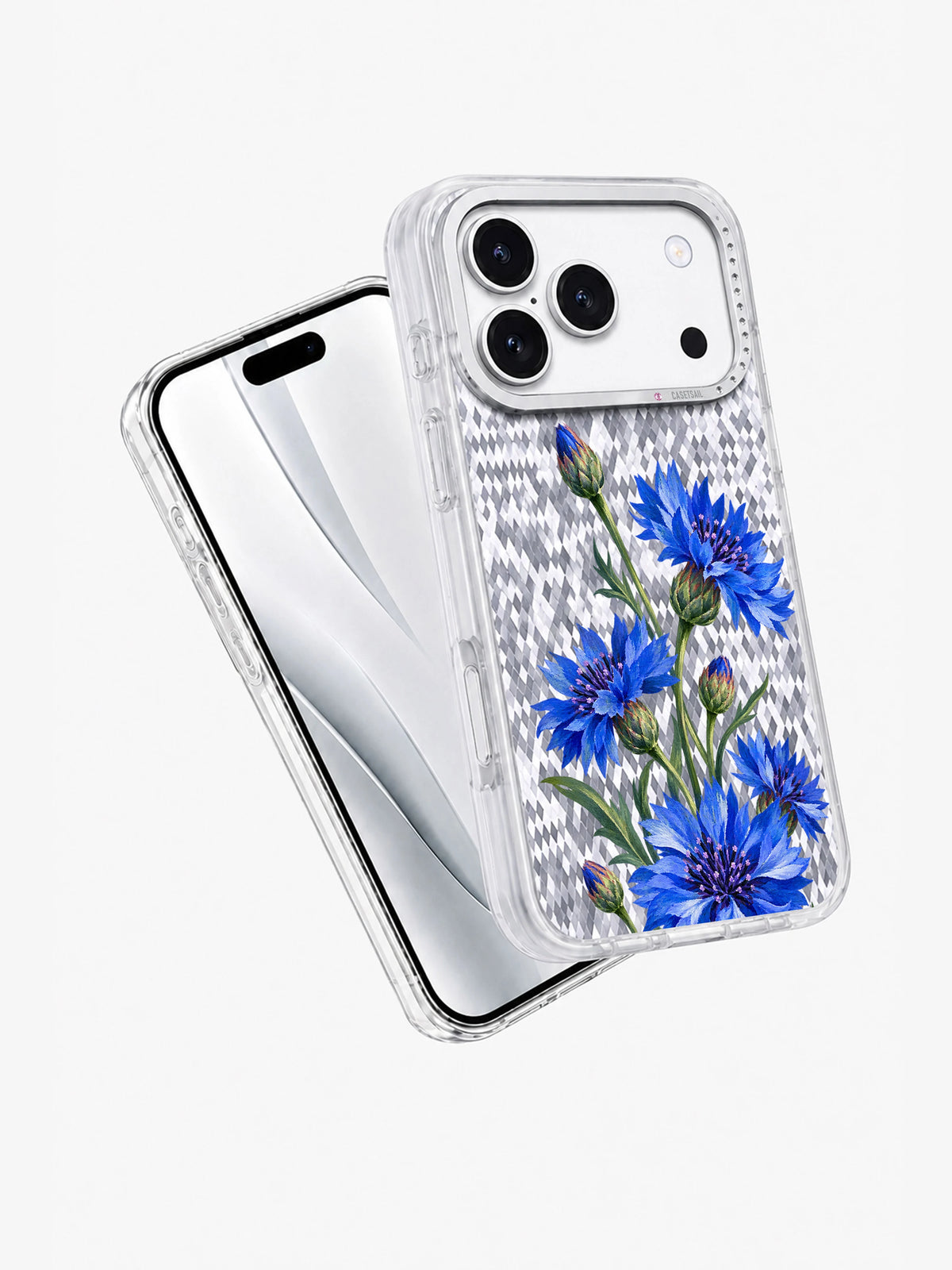 Angled view of the Cornflower Zigzag transparent iPhone 17 Pro case
