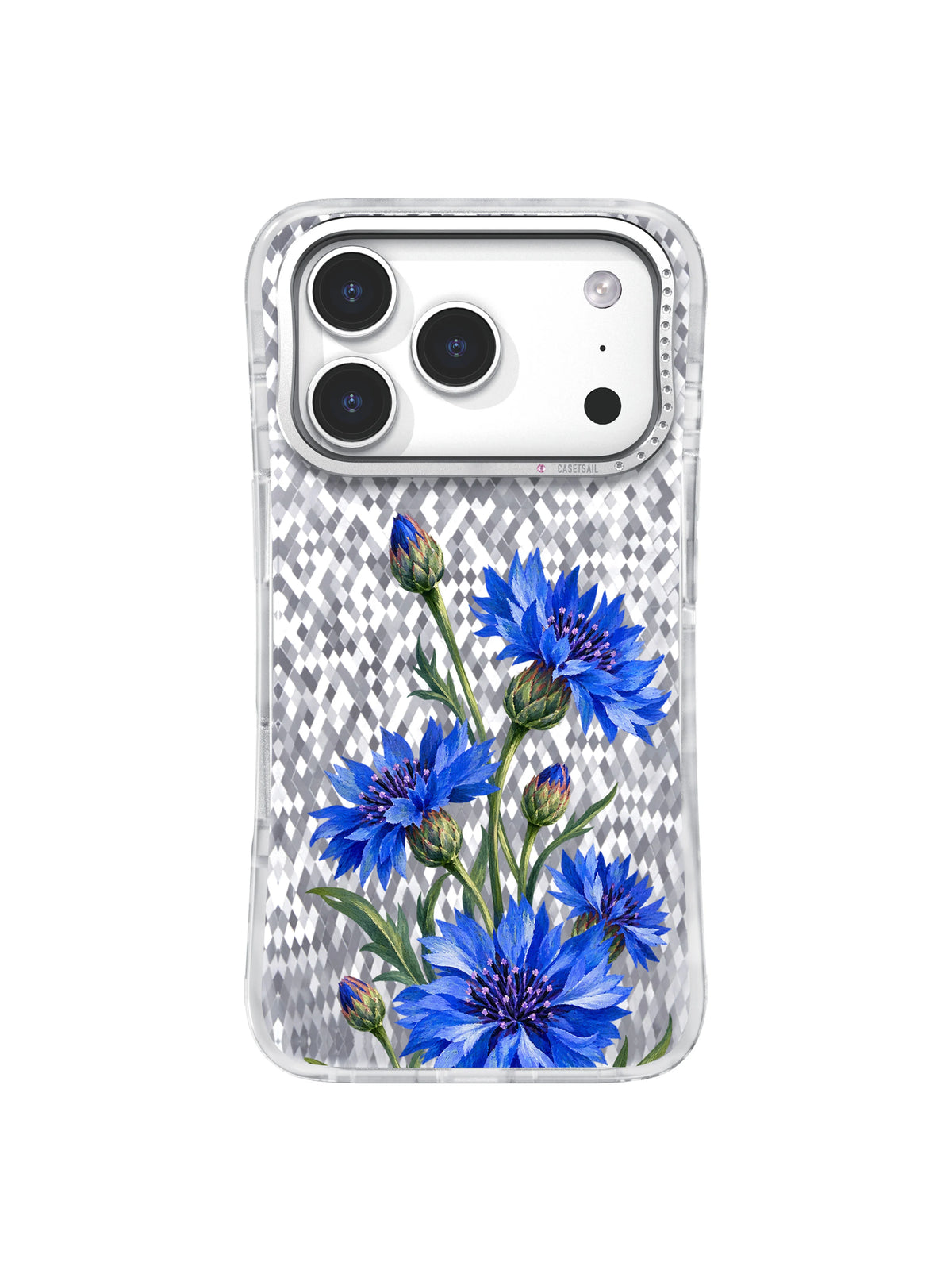 Front view of the Cornflower Zigzag transparent iPhone 17 Pro case