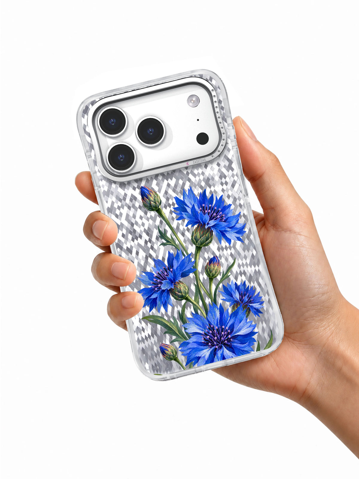 Cornflower Zigzag transparent iPhone 17 Pro case held in one hand