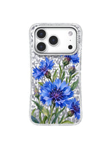 Cobalt and violet cornflowers cross in an asymmetrical botanical iPhone 17 Pro case design