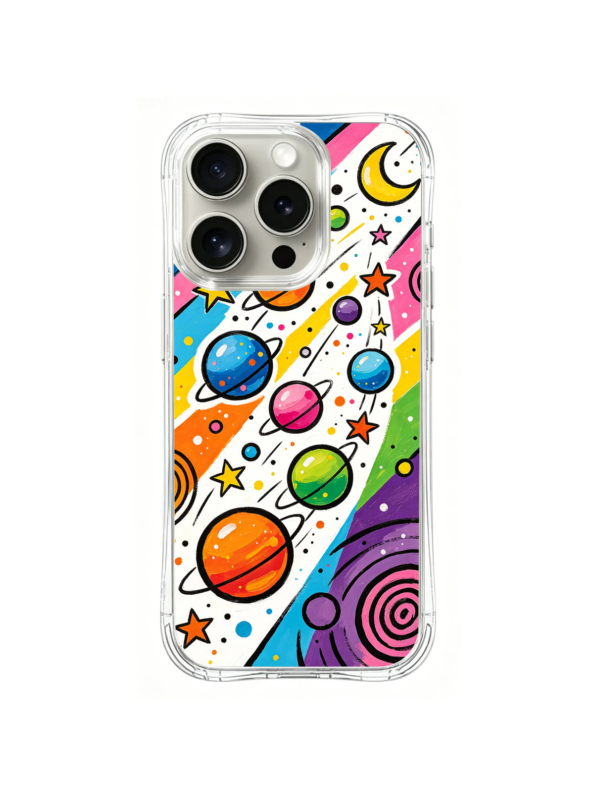 Rainbow Planet Trail: Gezegenler yıldızlar ve hilal arasında çapraz gökkuşağı şeritlerini izler.