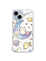 Moon Voyage Cat Friends: Pastel cats ride a large blue-lavender crescent among planets, stars and shooting comets.