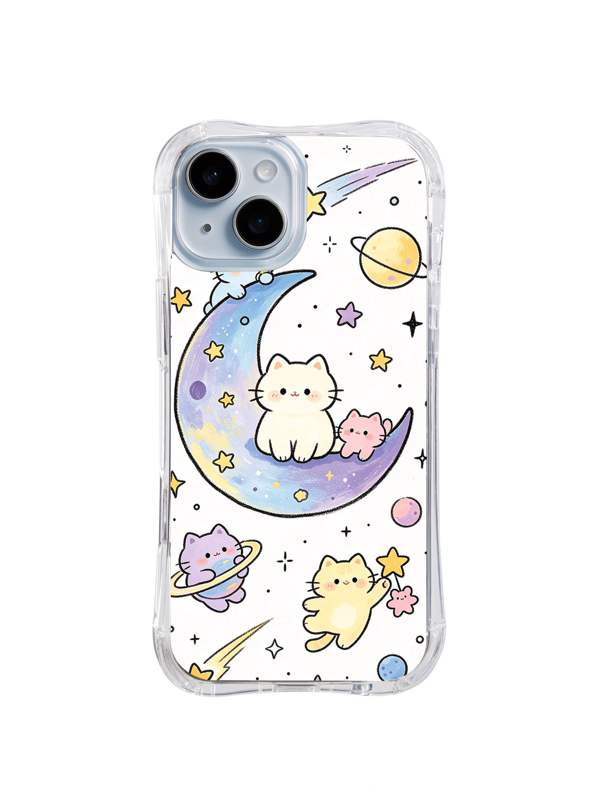 Moon Voyage Cat Friends: Pastel cats ride a large blue-lavender crescent among planets, stars and shooting comets.
