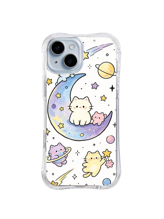 Moon Voyage Cat Friends: Pastel cats ride a large blue-lavender crescent among planets, stars and shooting comets.
