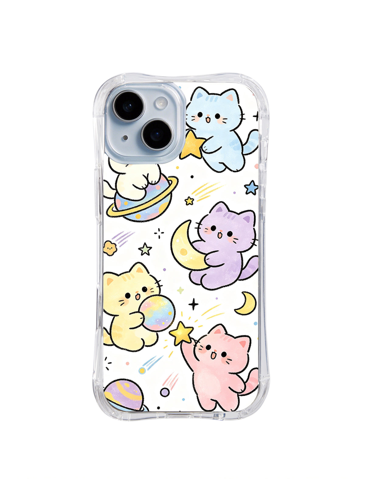 Pastel Planet Cat Explorers: Blue, lavender, yellow and pink cats float with ringed planets, crescent moons and stars.
