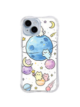 Blue Planet Cat Orbit: Cats sit on and around a large blue planet among smaller planets, stars, moons and comets.