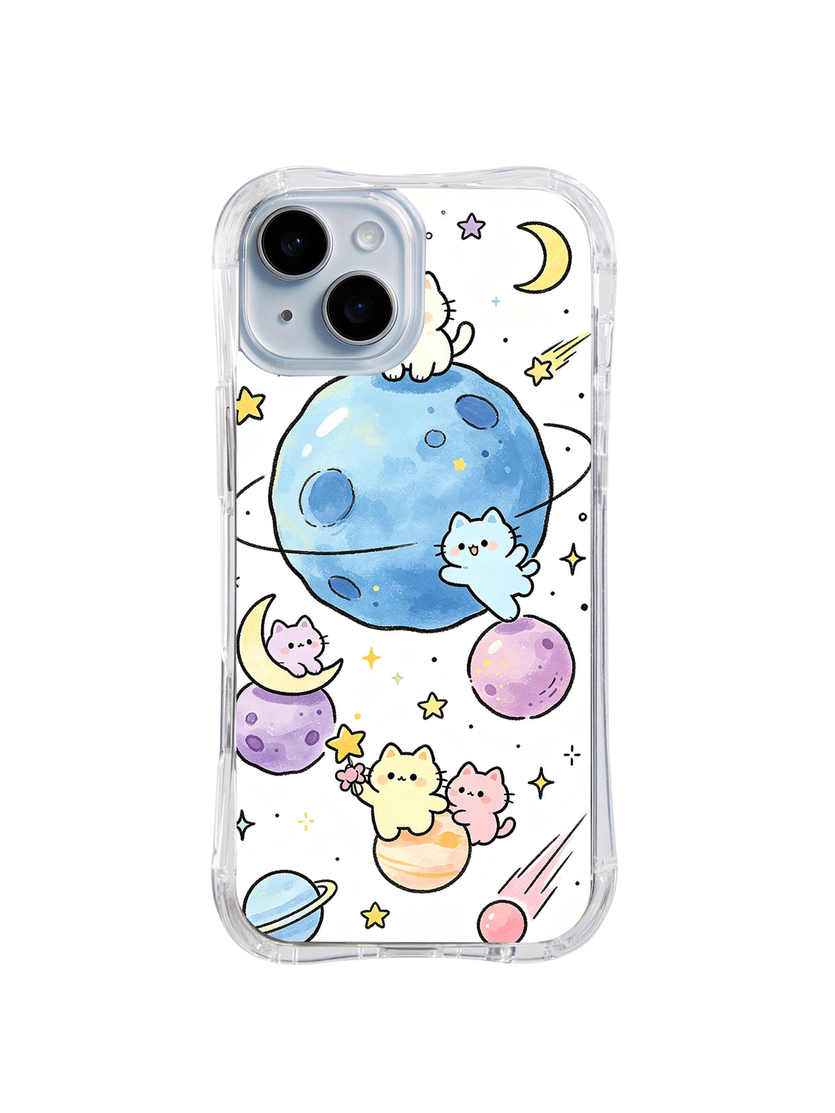 Blue Planet Cat Orbit: Cats sit on and around a large blue planet among smaller planets, stars, moons and comets.